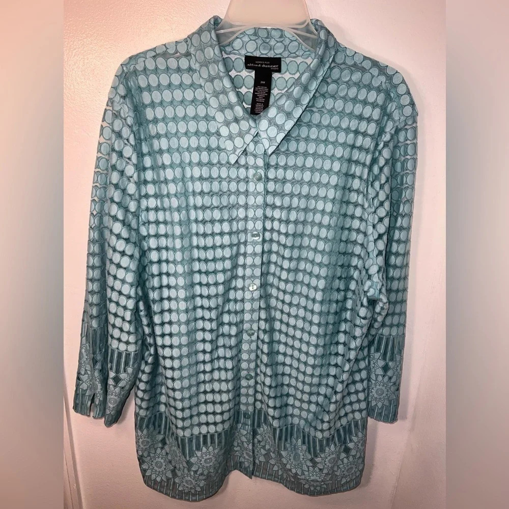 Alfred Dunner,24W, Womens teal sheer, geometric and floral design tunic blouse